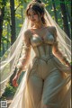 A woman in a wedding dress standing in the woods.