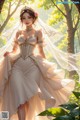 A woman in a wedding dress standing in the woods.