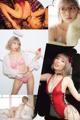 A collage of photos of a woman in a red lingerie.