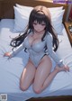 A woman in a white bodysuit sitting on a bed.