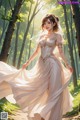 A woman in a wedding dress walking through a forest.