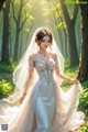 A woman in a wedding dress walking through a forest.